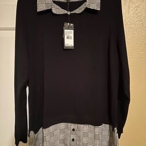 Adrianna Papell Black Top with Plaid Accents